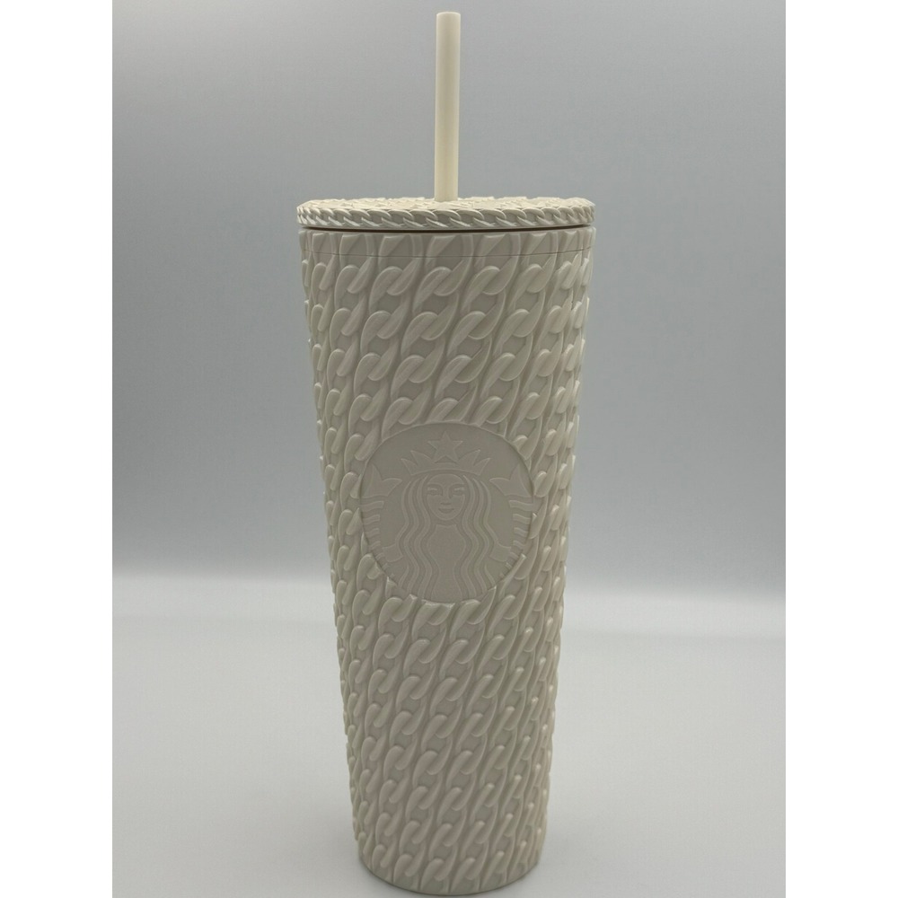 Starbucks 24oz Venti Cream Cable Knit Sweater Textured Cold Cup Tumbler & Straw